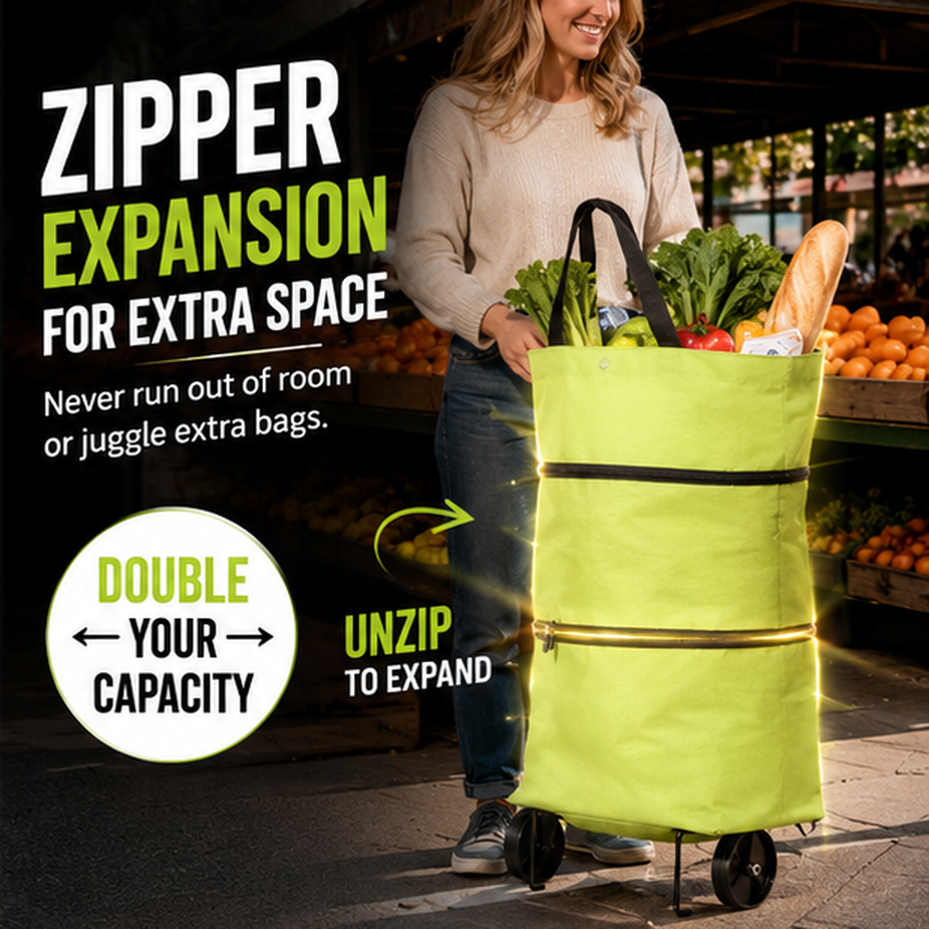 🛍️ Foldable Rolling Shopping Bag | Hands-Free Wheels