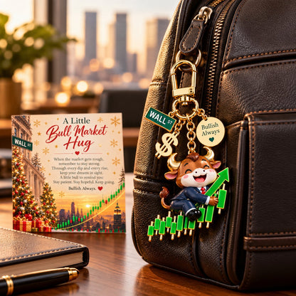 🐂📈  A Little Bull Market Hug – Inspirational Bull Keychain & Message Card Gift Set for Traders and Investors