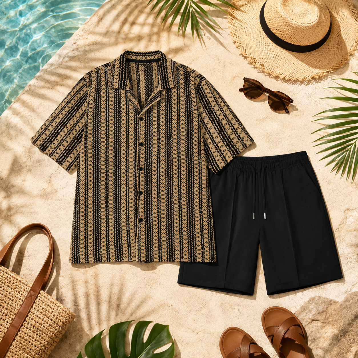 Brown Shirt + Black Shorts