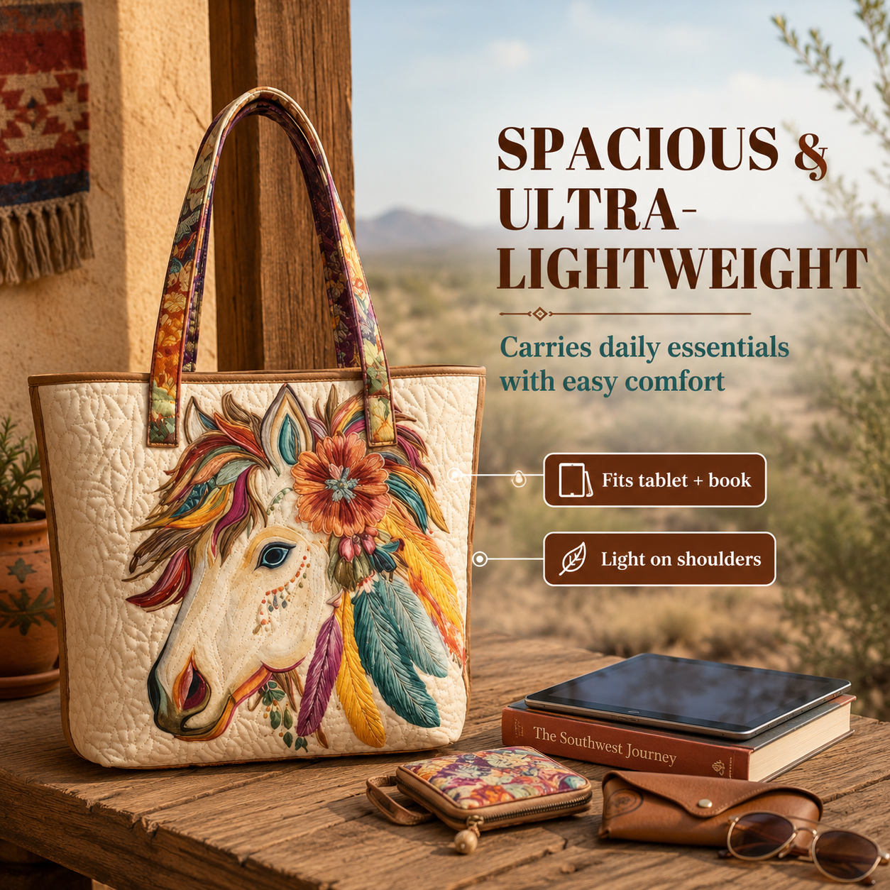 Vintage Boho Floral Horse Quilted Tote Bag👜