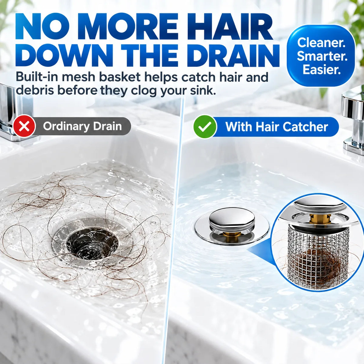 🚰 2-in-1 Pop-Up Sink Drain Stopper with Hair Catcher | Easy-Clean Bathroom Drain Filter
