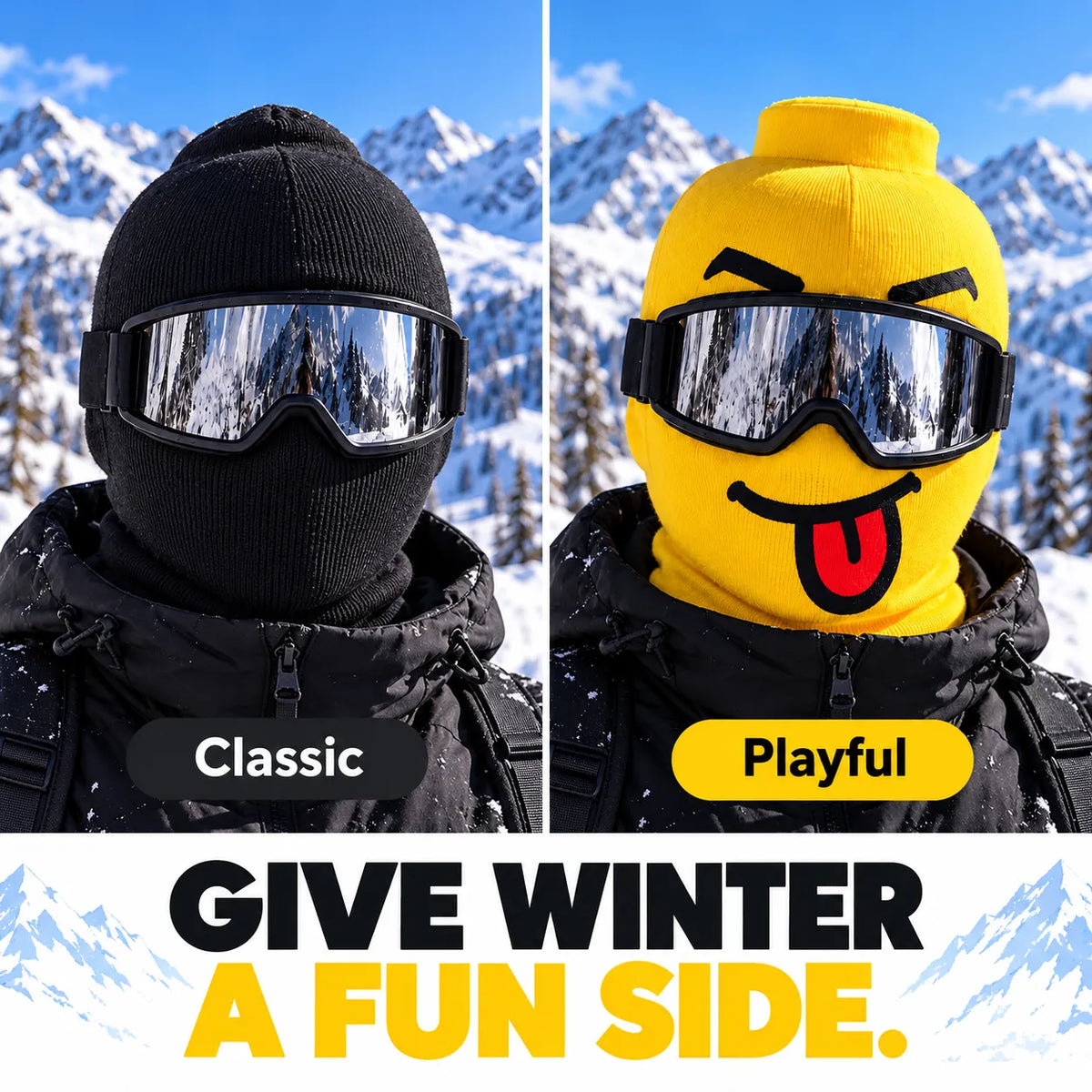😜 Funny Yellow Ski Mask – Knit Balaclava with 4 Playful Faces ❄️