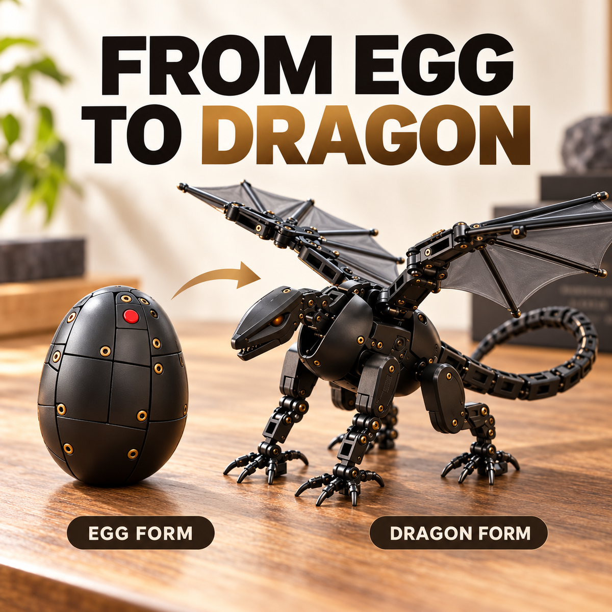 Egg-to-Dragon Transforming Toy – Black & Gold Mechanical Dragon for Play & Display