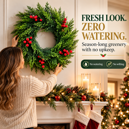 🎄 Red Berries Evergreen Christmas Wreath - Festive Door Decoration