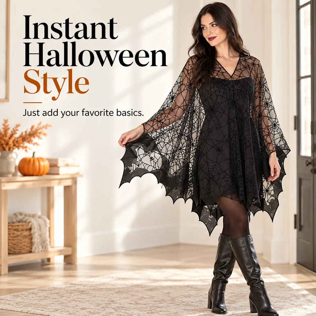 🕸️ Halloween Spiderweb Lace Poncho – Black Sheer Costume Cape with Batwing Hem 🎃