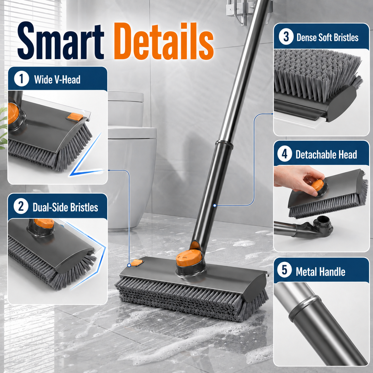 🚿3-in-1 Rotating Floor Scrub Brush with Squeegee & Built-in Hair Clip