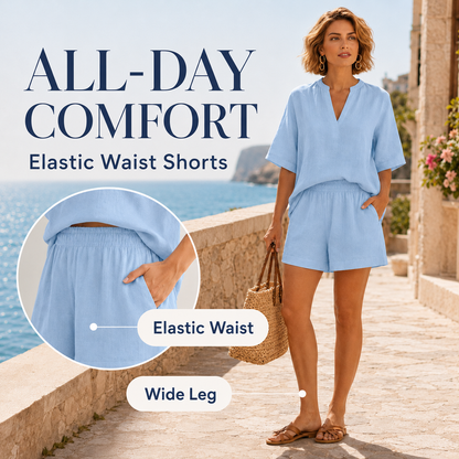 ☀️ Cozy Summer Linen Set | Casual V-Neck & Shorts 🏖️