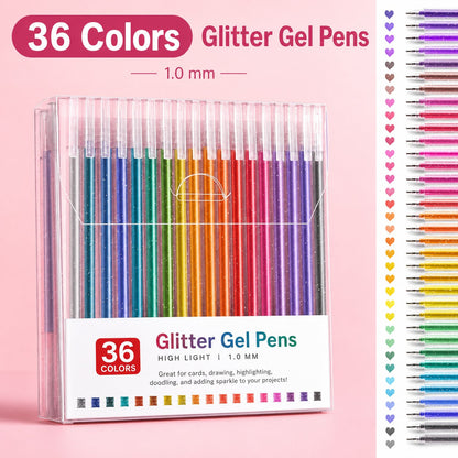 18 Colors Glitter Gel Pen Set with 5 Coloring Cards | Jumbo Ink