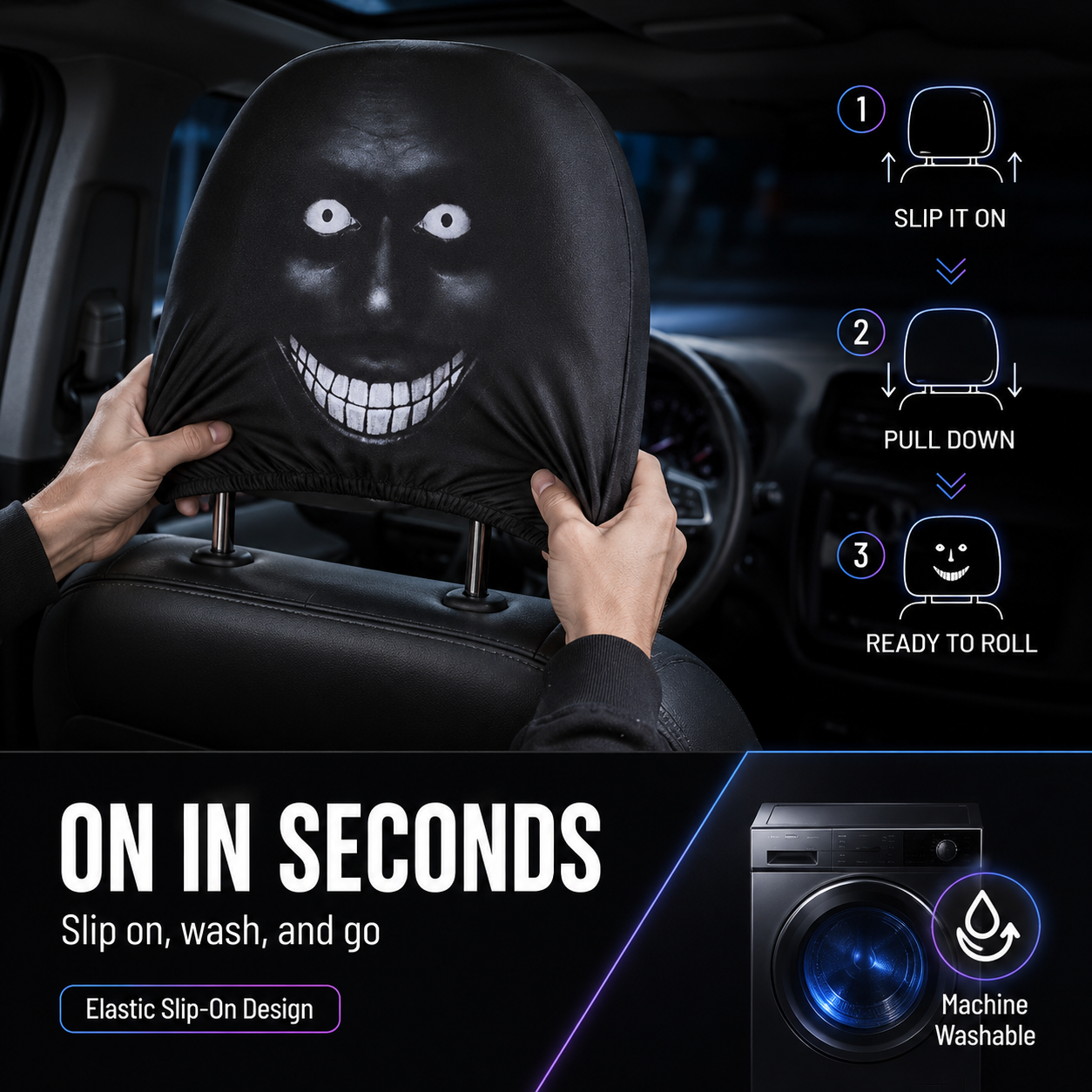 【Funny Face Stretch Car Headrest Cover】 🎭🚗