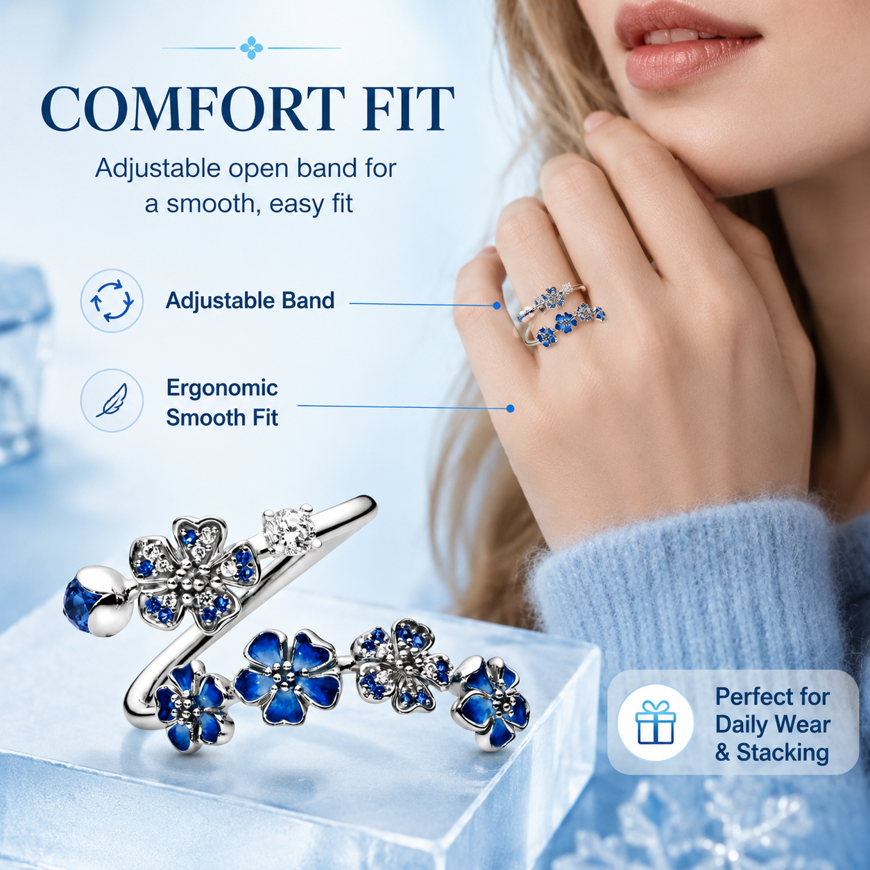 Cool-Toned Enamel Flower Adjustable Ring ❄️✨