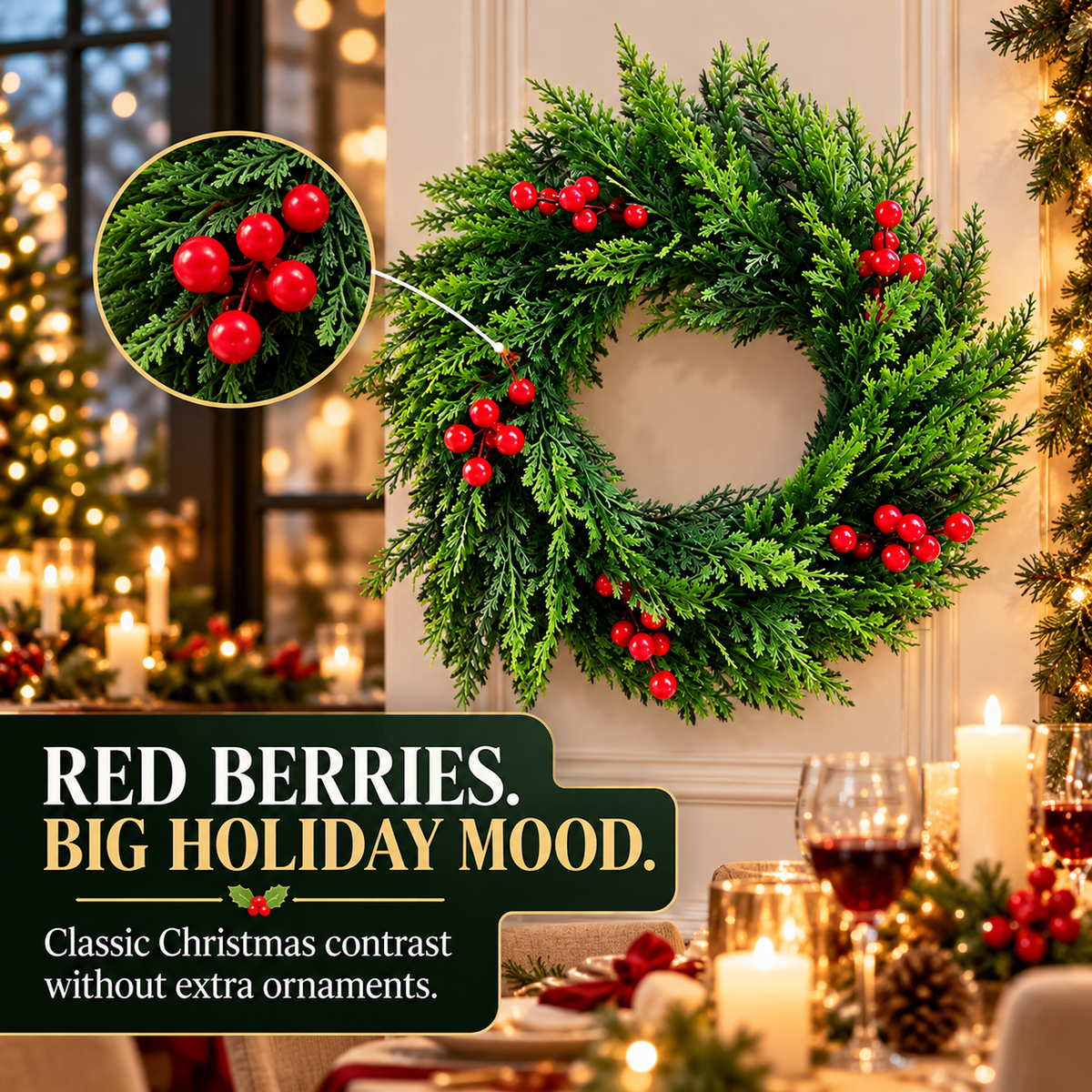 🎄 Red Berries Evergreen Christmas Wreath - Festive Door Decoration
