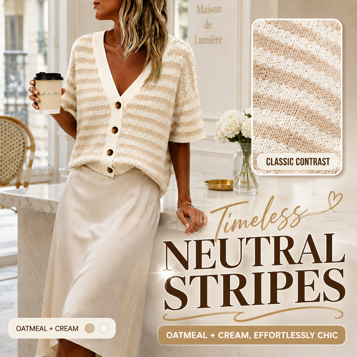 ✨ Short Sleeve Striped Knit Cardigan Top