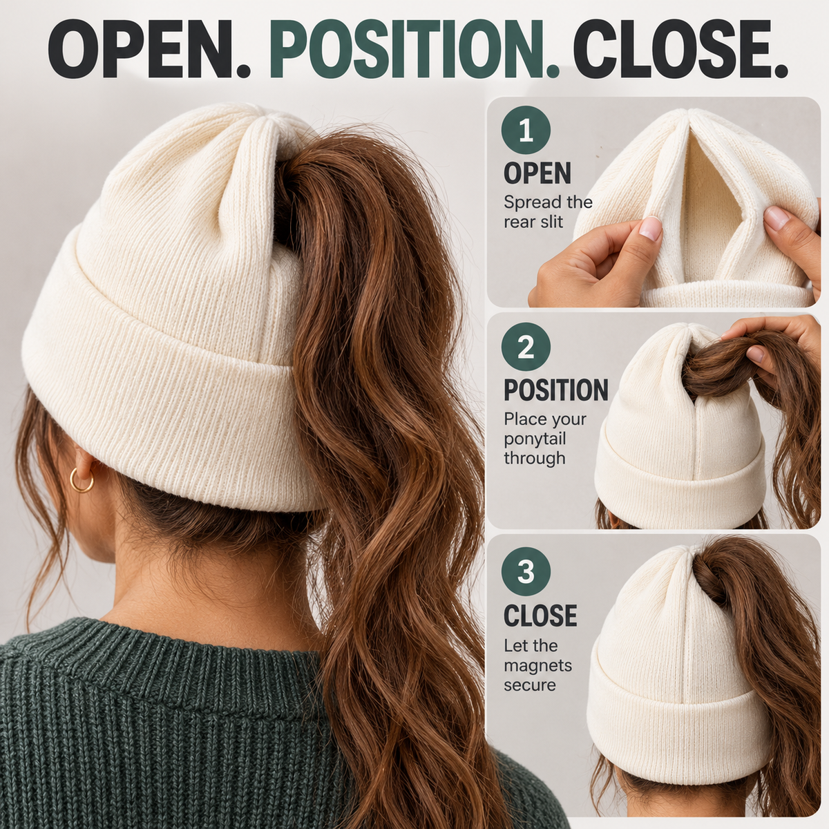 🧶 Magnetic Ponytail Beanie – Cozy Knit Hat with Ear-Covering Cuff