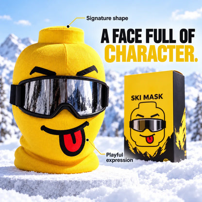 😜 Funny Yellow Ski Mask – Knit Balaclava with 4 Playful Faces ❄️