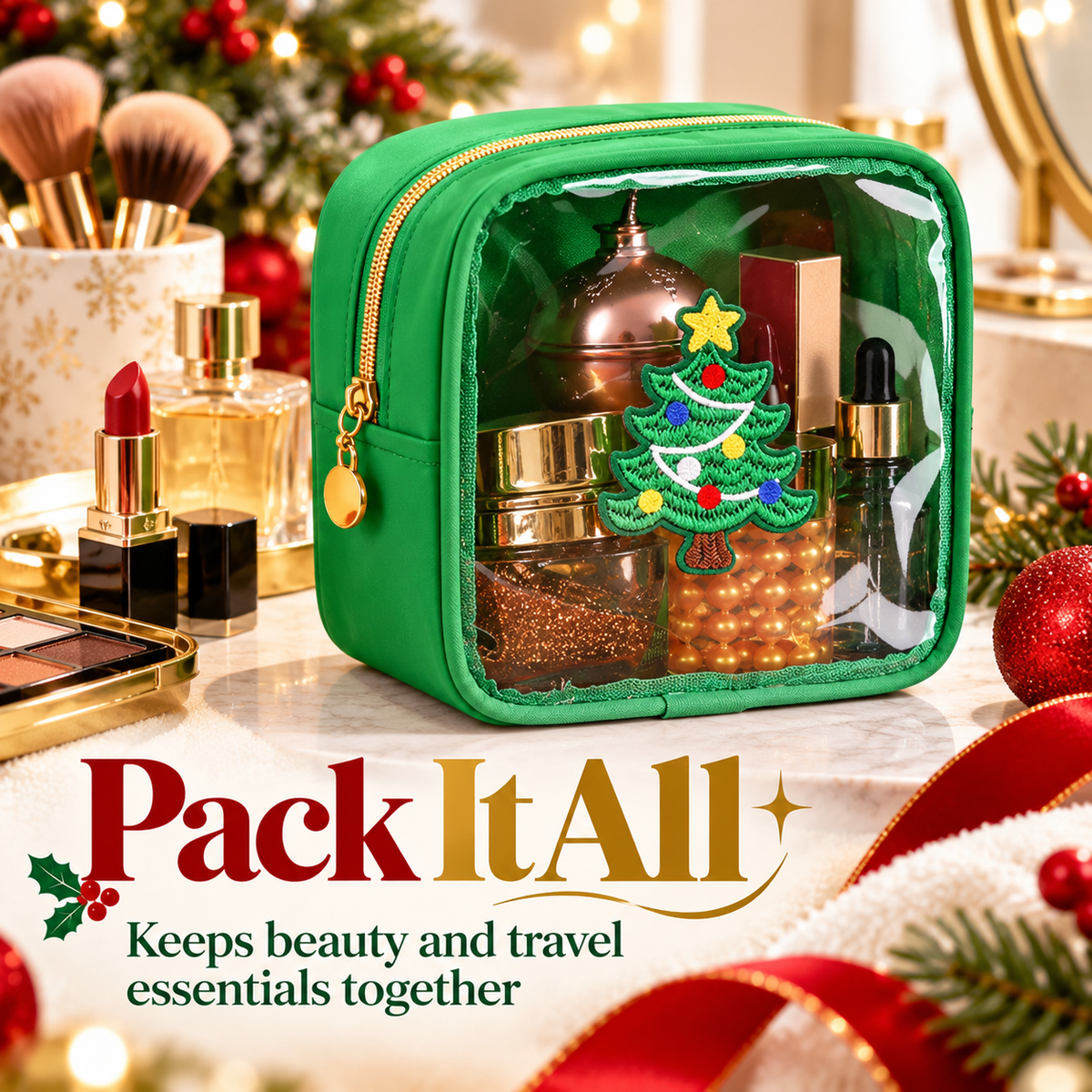 🎄 Christmas Tree-Shaped Transparent Cosmetic Bag — Festive Travel Organizer