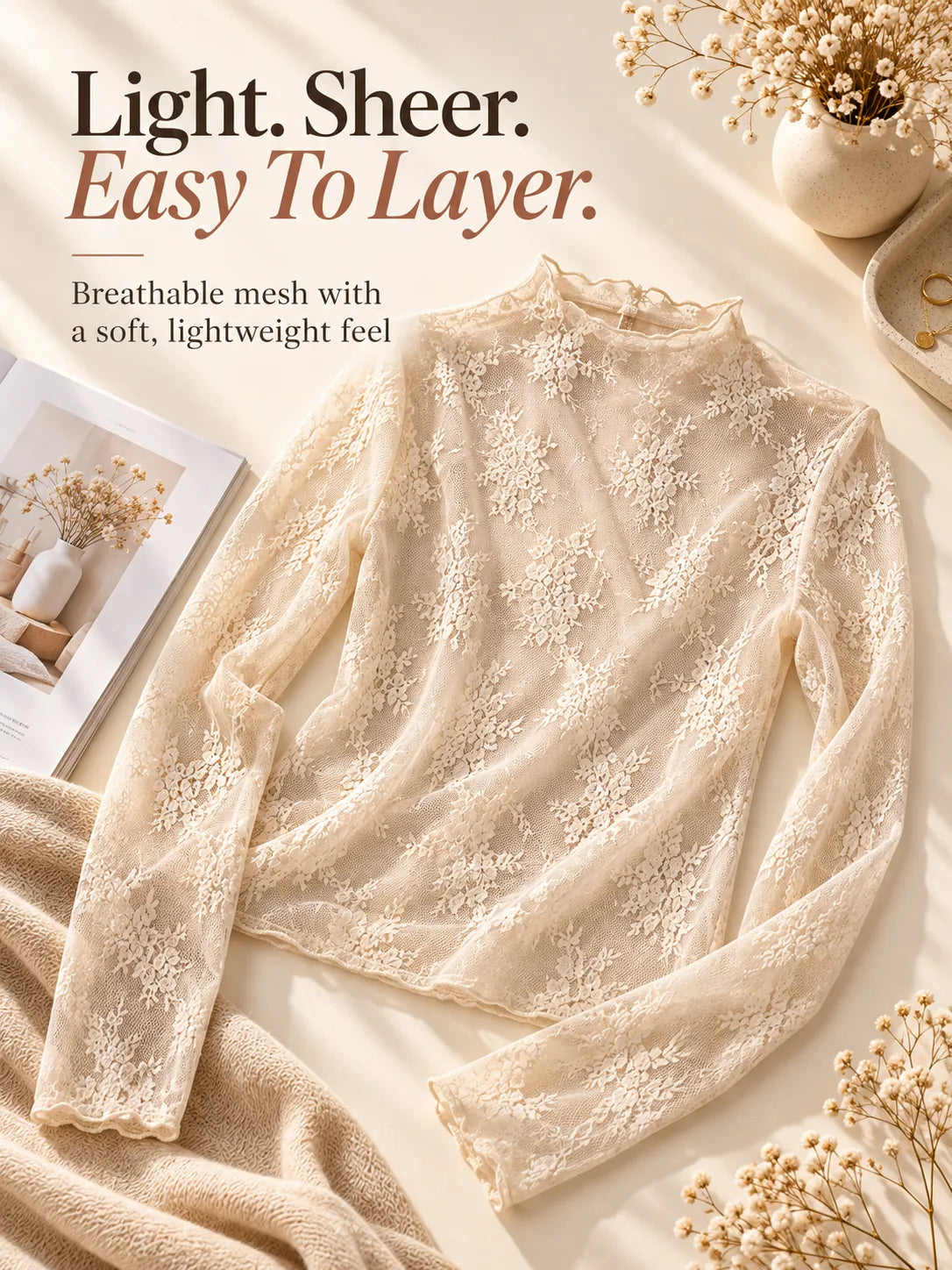 🌸 5-Pack Floral Lace Mesh Tops | Elegant Layering Set