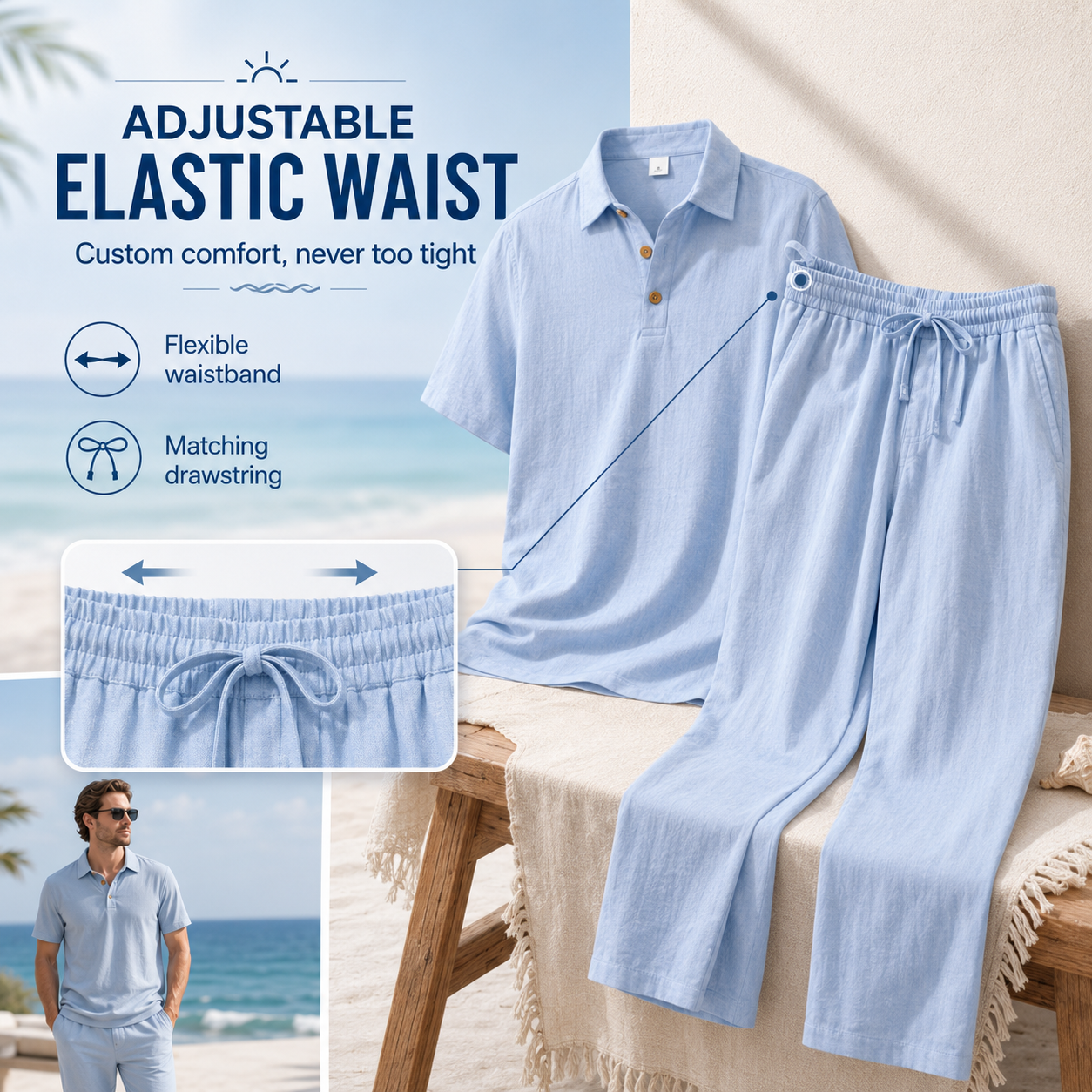 Men's Breathable Cotton Linen Resort Polo & Pants 2-Piece Set