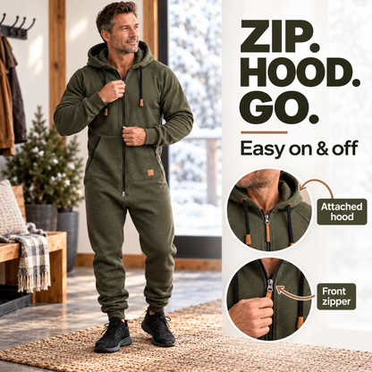 🧥 Men’s Hooded Fleece Jumpsuit – Cozy All-in-One Comfort