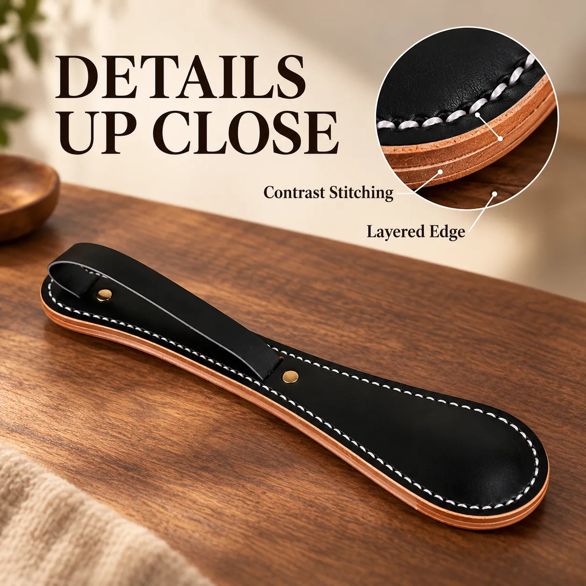 Leather Paddle with Hand Strap – 9.06″ Compact Design, Contrast Stitching✨