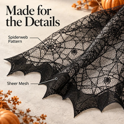 🕸️ Halloween Spiderweb Lace Poncho – Black Sheer Costume Cape with Batwing Hem 🎃