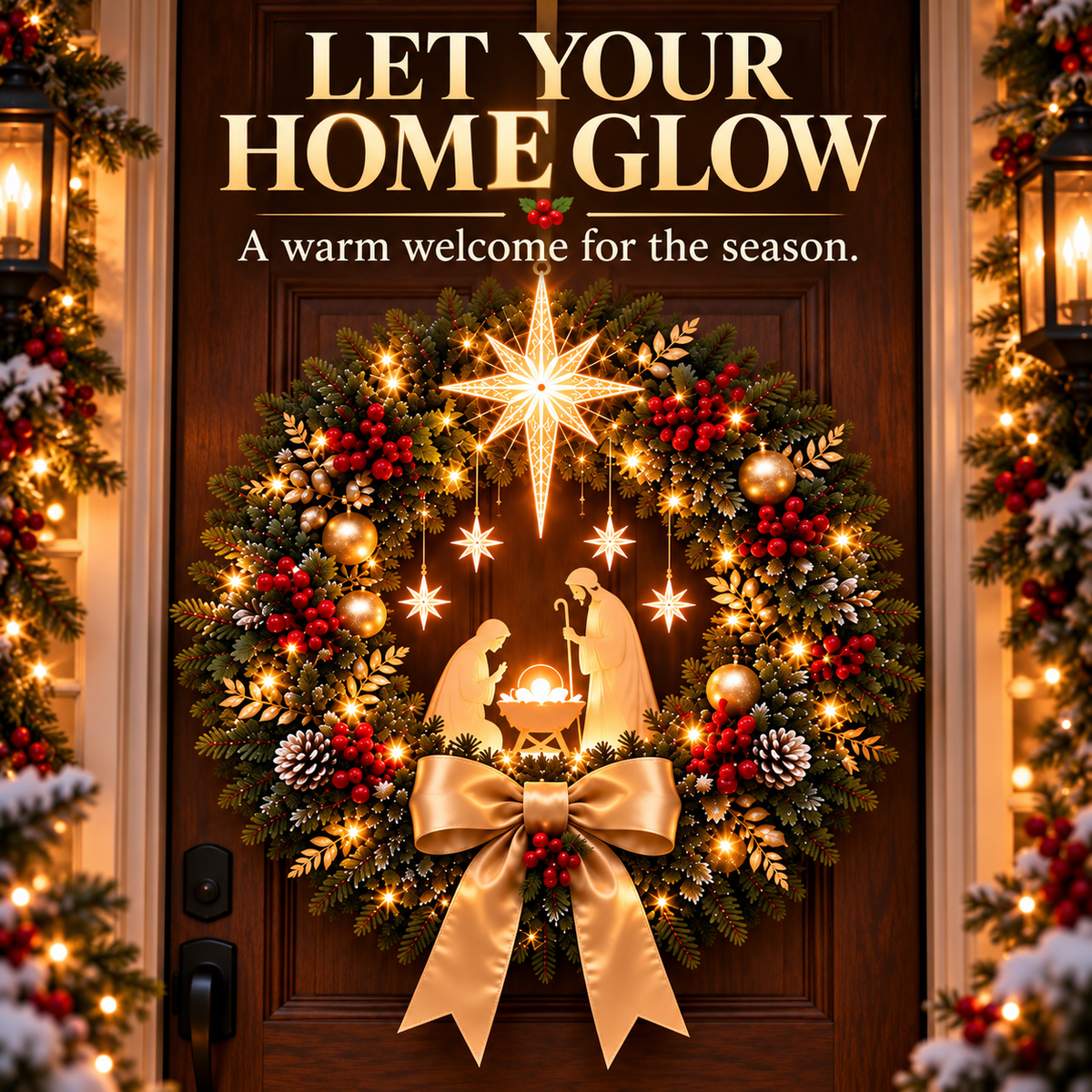 Lighted Nativity Christmas Wreath with Star and Gold Bow