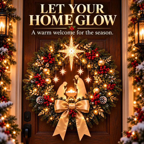 Lighted Nativity Christmas Wreath with Star and Gold Bow