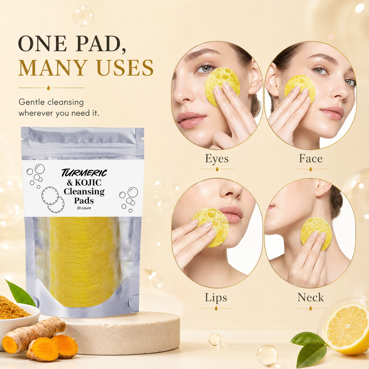 🌿 Natural Turmeric & Kojic Acid Gentle Face Cleansing Pads