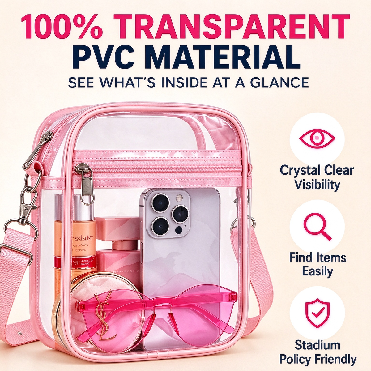 🏟️Stadium Approved Clear Crossbody Bag - Waterproof PVC Transparent Bag