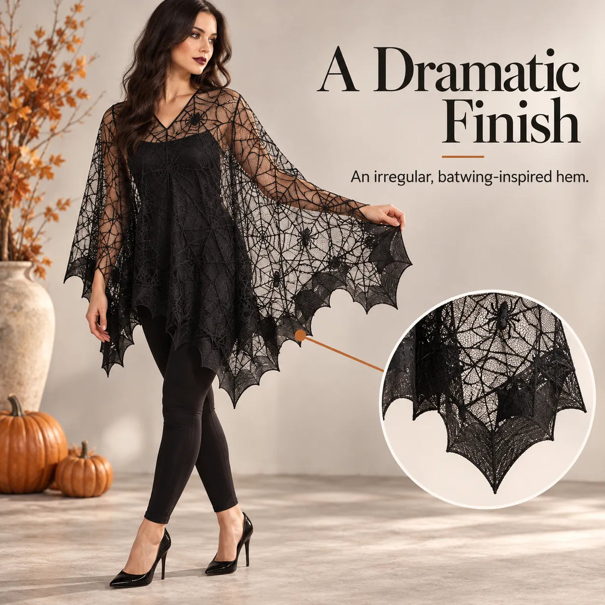 🕸️ Halloween Spiderweb Lace Poncho – Black Sheer Costume Cape with Batwing Hem 🎃
