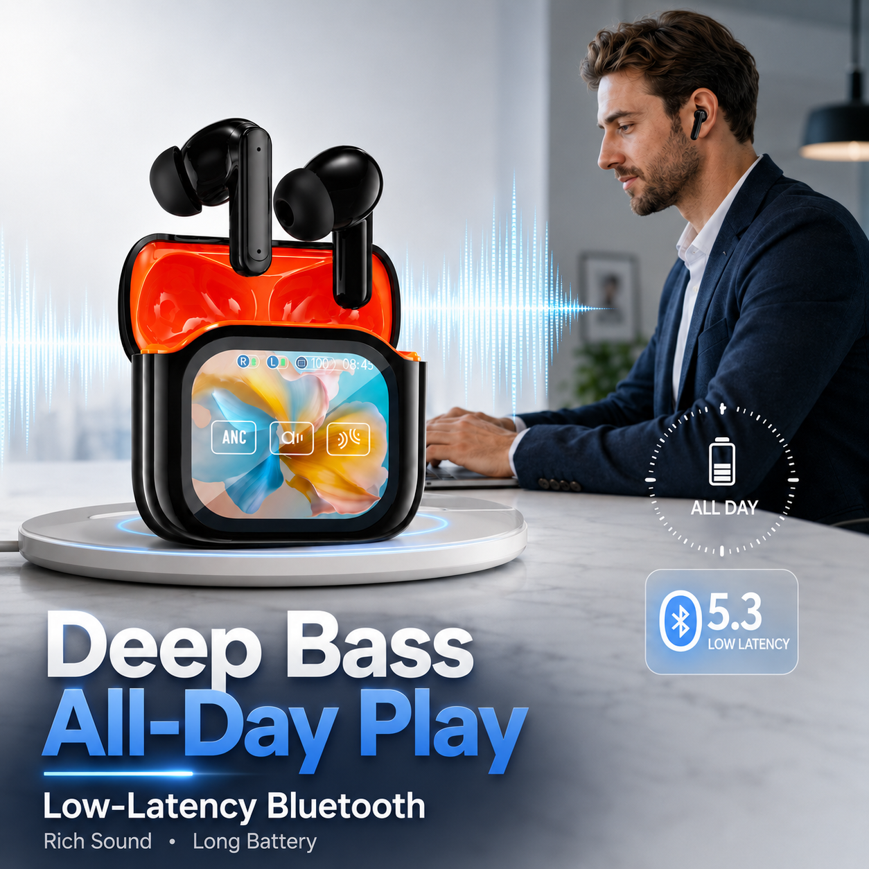 🌐 AI Translator Earbuds with Smart Touch Display