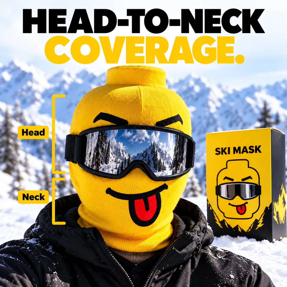 😜 Funny Yellow Ski Mask – Knit Balaclava with 4 Playful Faces ❄️