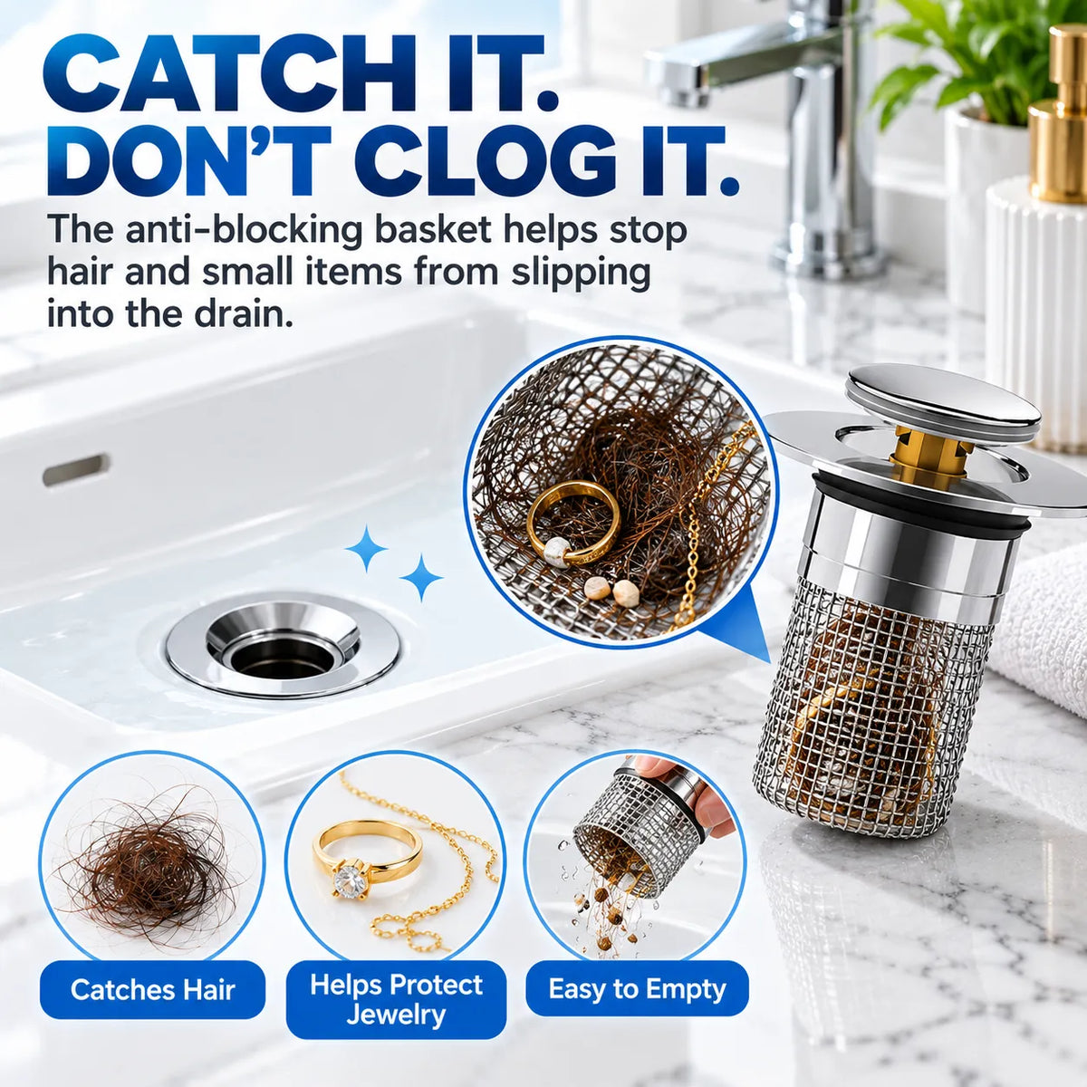 🚰 2-in-1 Pop-Up Sink Drain Stopper with Hair Catcher | Easy-Clean Bathroom Drain Filter