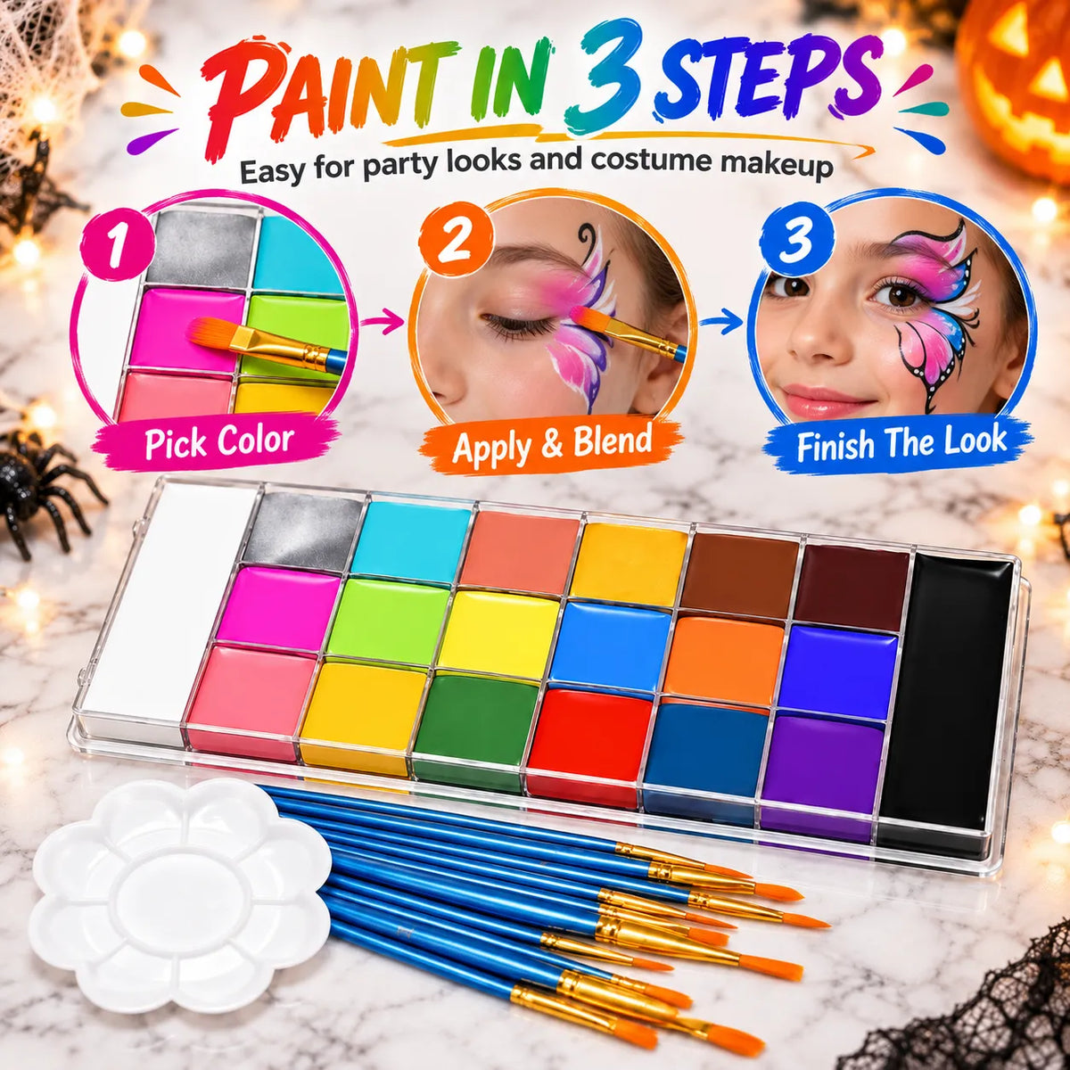 🎃 20-Color Halloween Face & Body Paint Palette – Bold Cosplay Makeup Kit