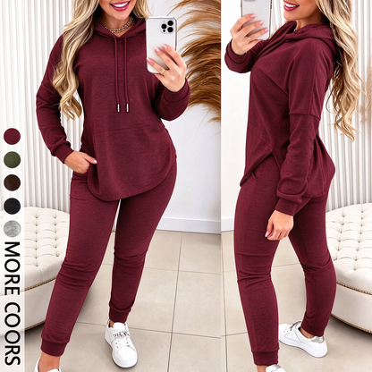 Women's Solid Basic 2-Piece Outfit, Drawstring Hooded Long Sleeve Top & Slim Fit Casual Pants 🧥👖