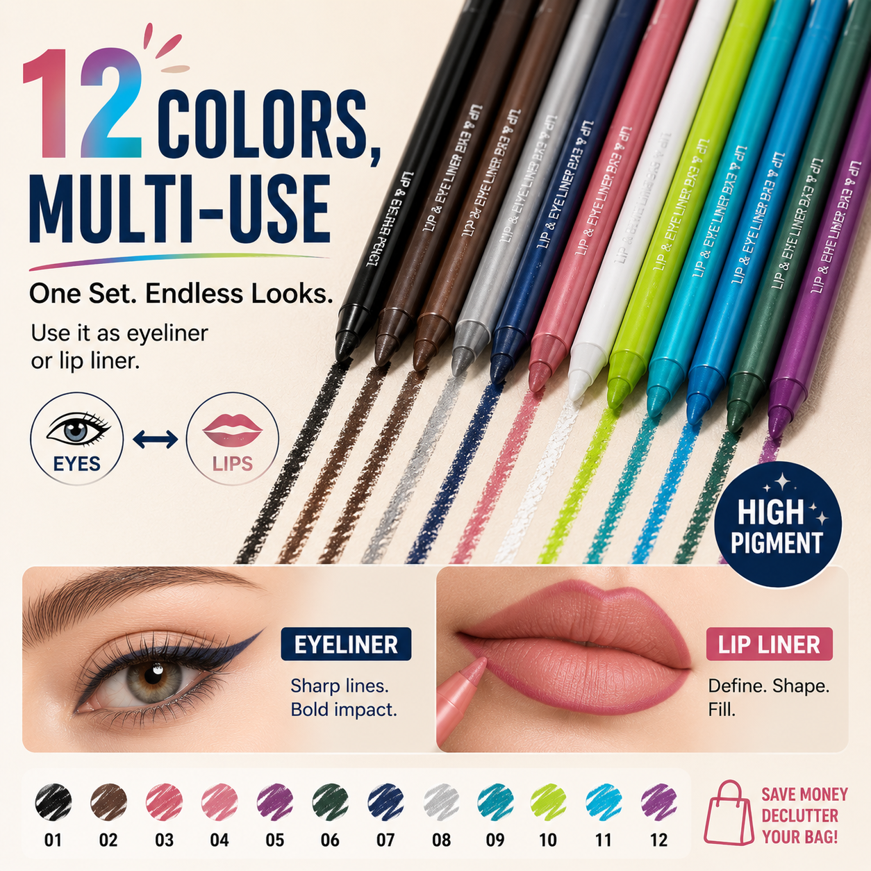 All-Day Flawless: 12-Color Waterproof Gel Eyeliner Pencil Set
