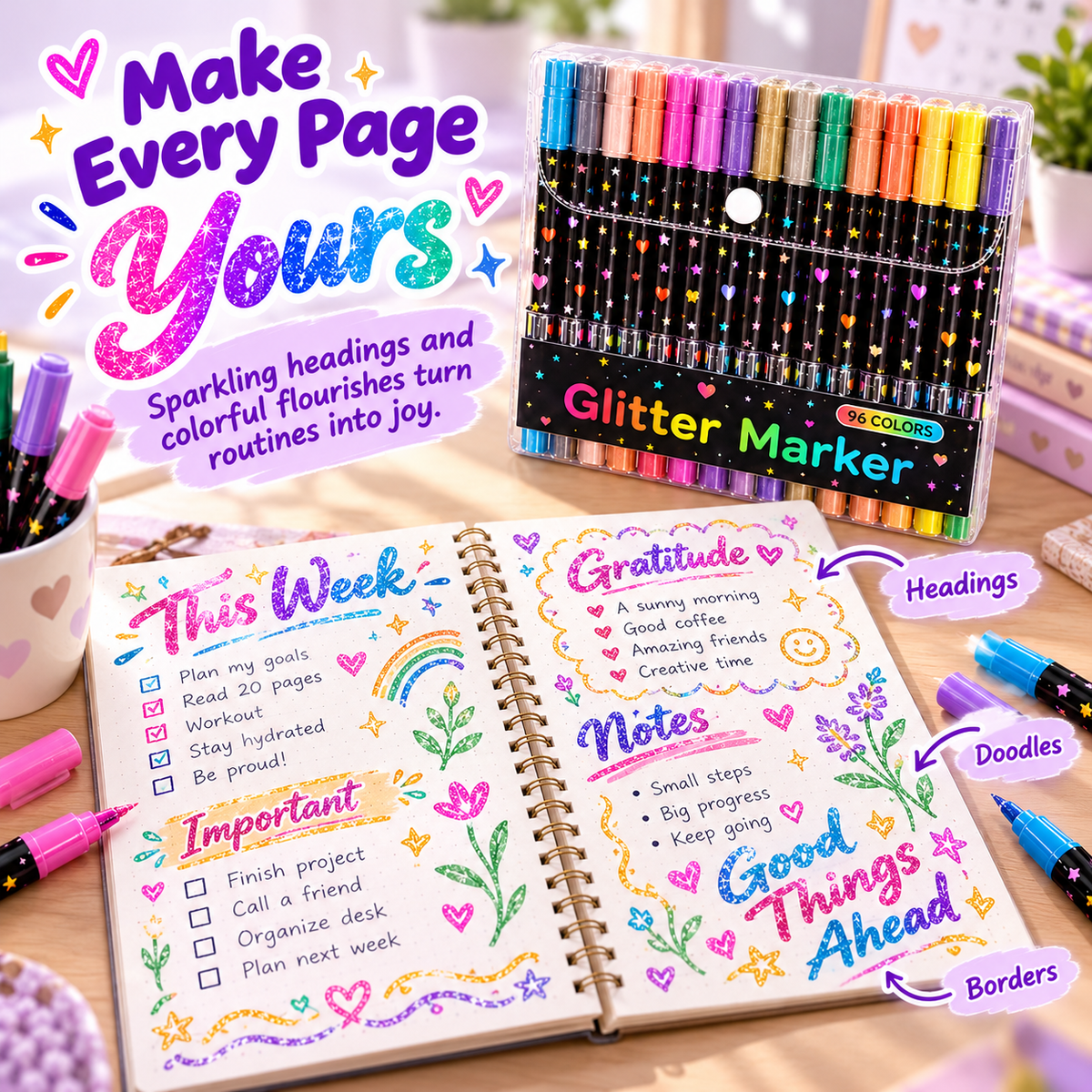 ✨ Dual-color glitter pen – making every detail shine
