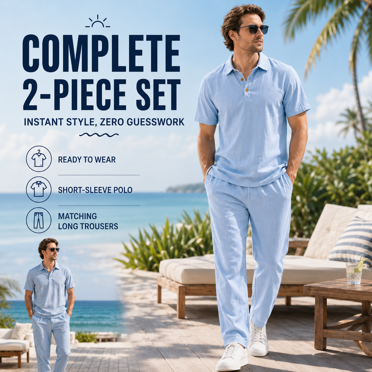 Men's Breathable Cotton Linen Resort Polo & Pants 2-Piece Set
