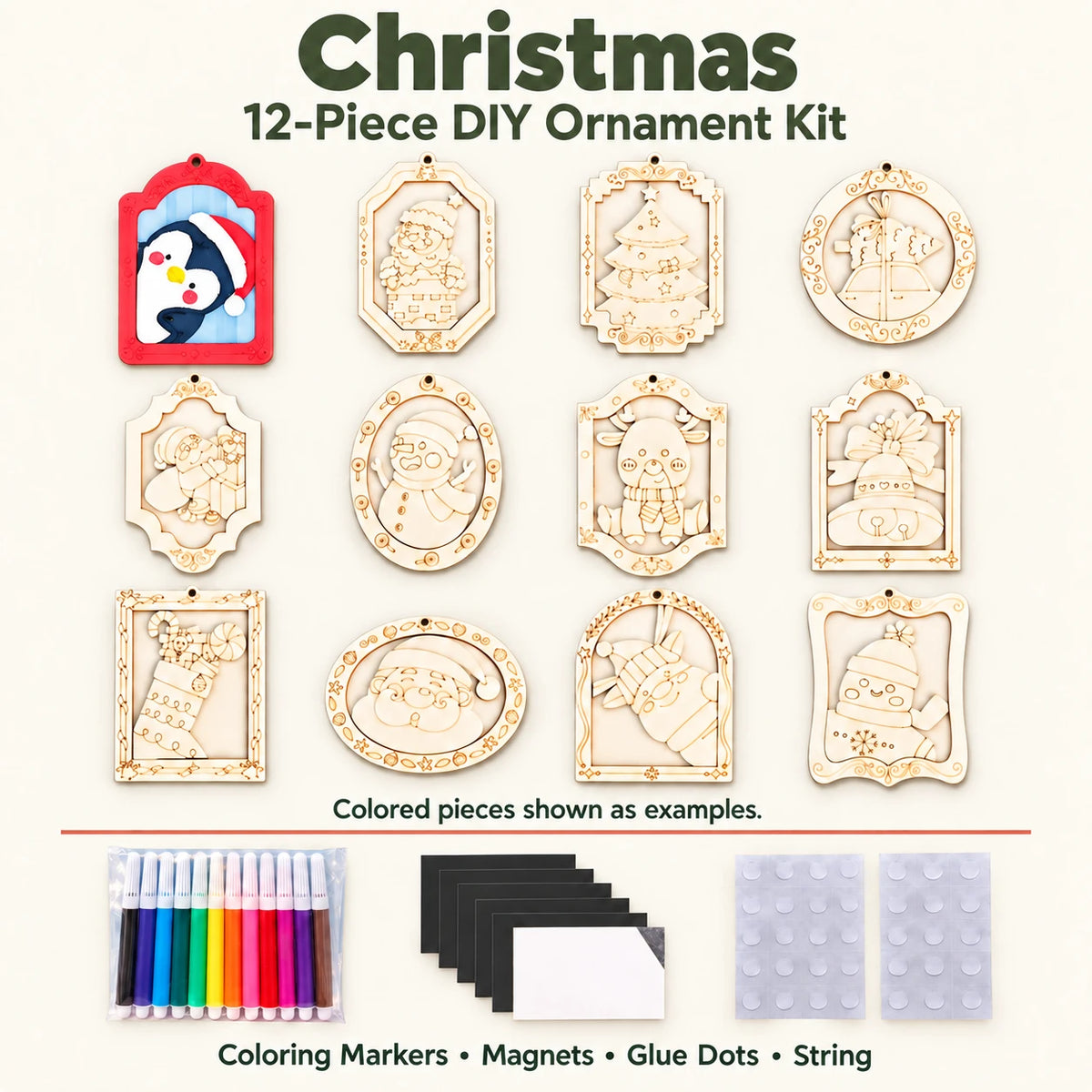 🎨 Color Your Own Holiday Ornament Kit — 12 Markers Included
