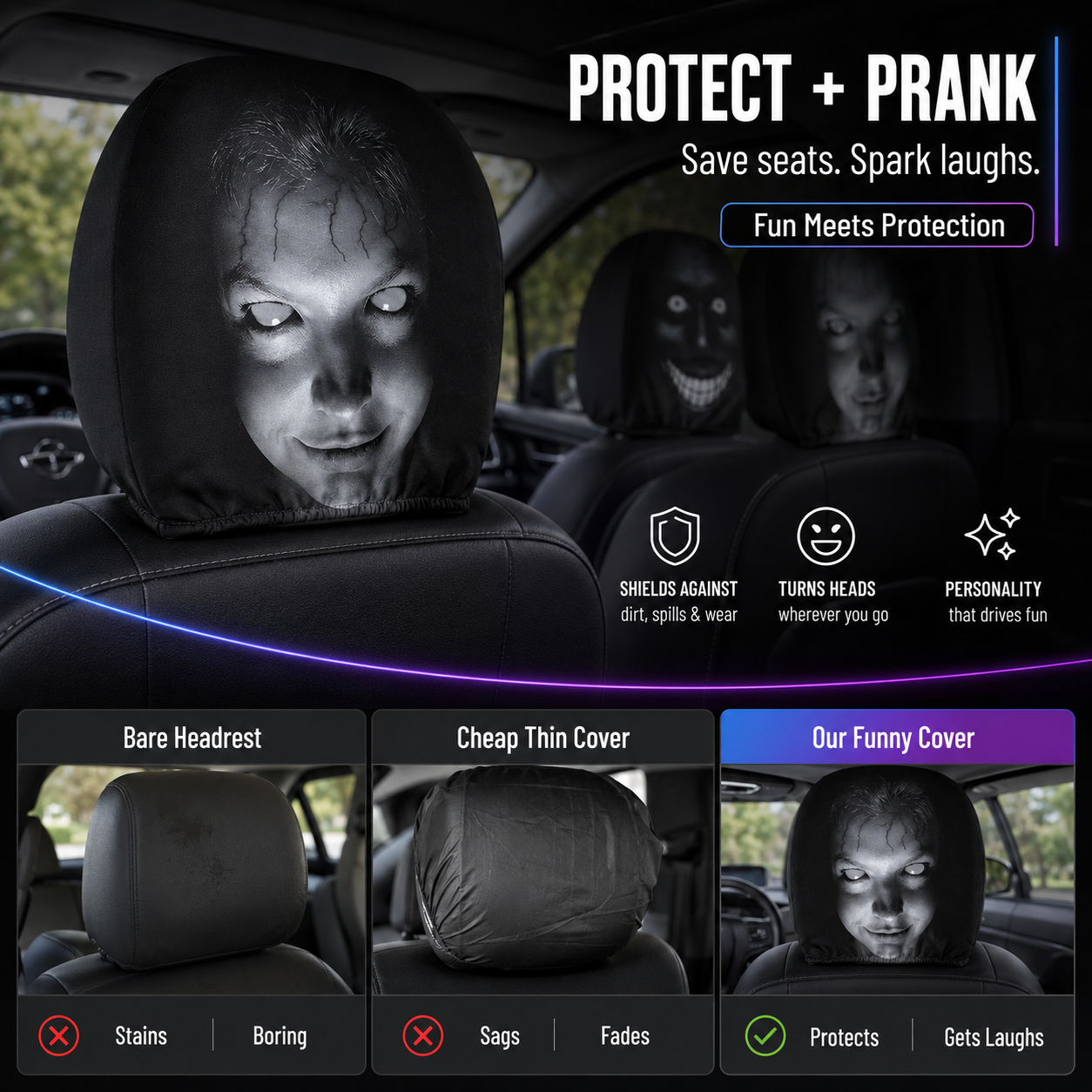 【Funny Face Stretch Car Headrest Cover】 🎭🚗