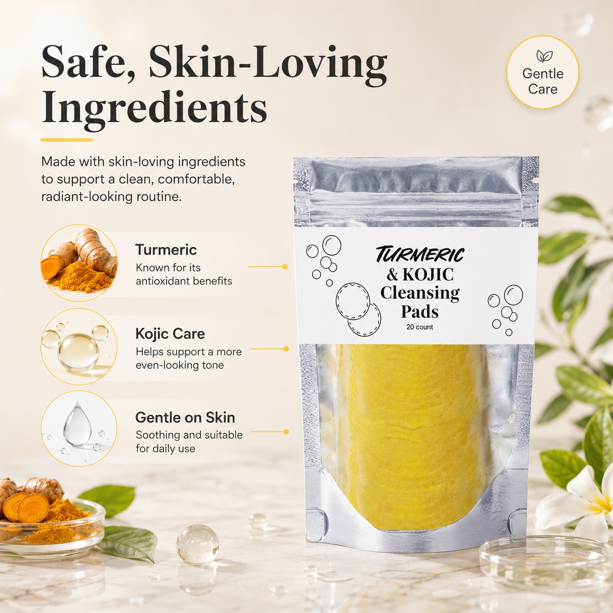 🌿 Natural Turmeric & Kojic Acid Gentle Face Cleansing Pads