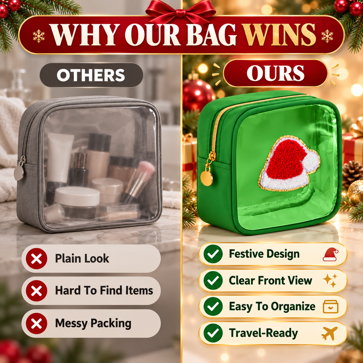 🎄 Christmas Tree-Shaped Transparent Cosmetic Bag — Festive Travel Organizer