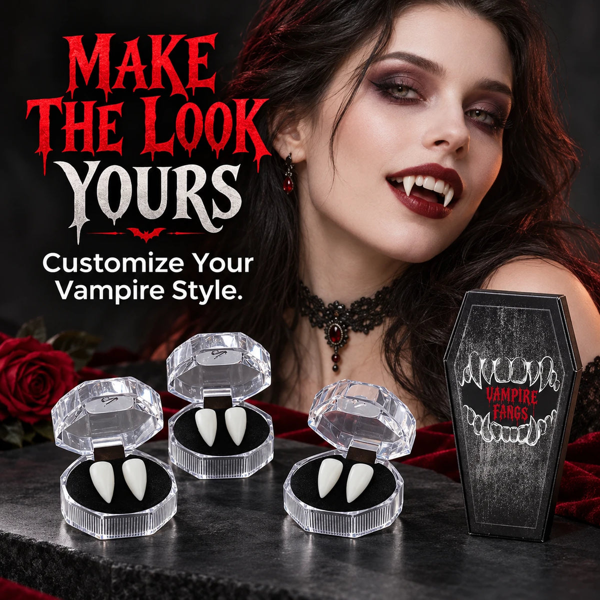 🦇 Your Vampire Look: 4-Size Ivory Fangs Kit & Coffin Box