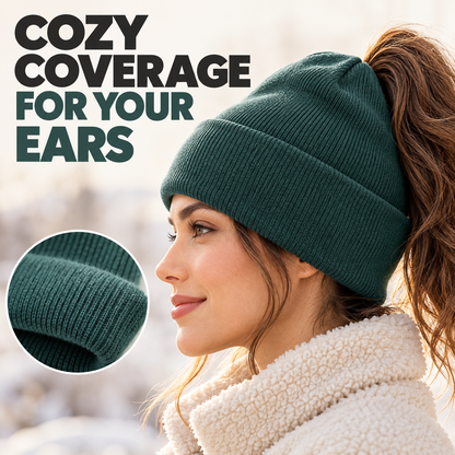 🧶 Magnetic Ponytail Beanie – Cozy Knit Hat with Ear-Covering Cuff
