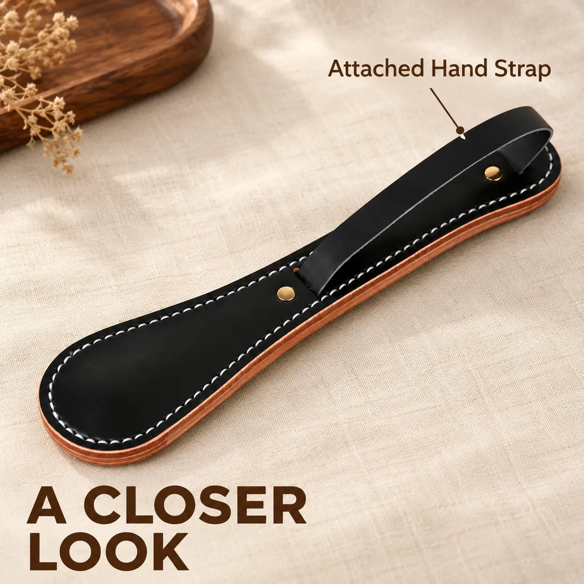 Leather Paddle with Hand Strap – 9.06″ Compact Design, Contrast Stitching✨