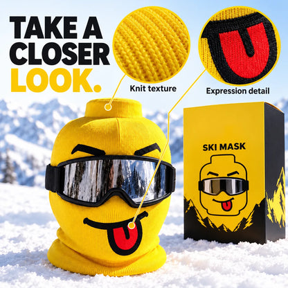 😜 Funny Yellow Ski Mask – Knit Balaclava with 4 Playful Faces ❄️