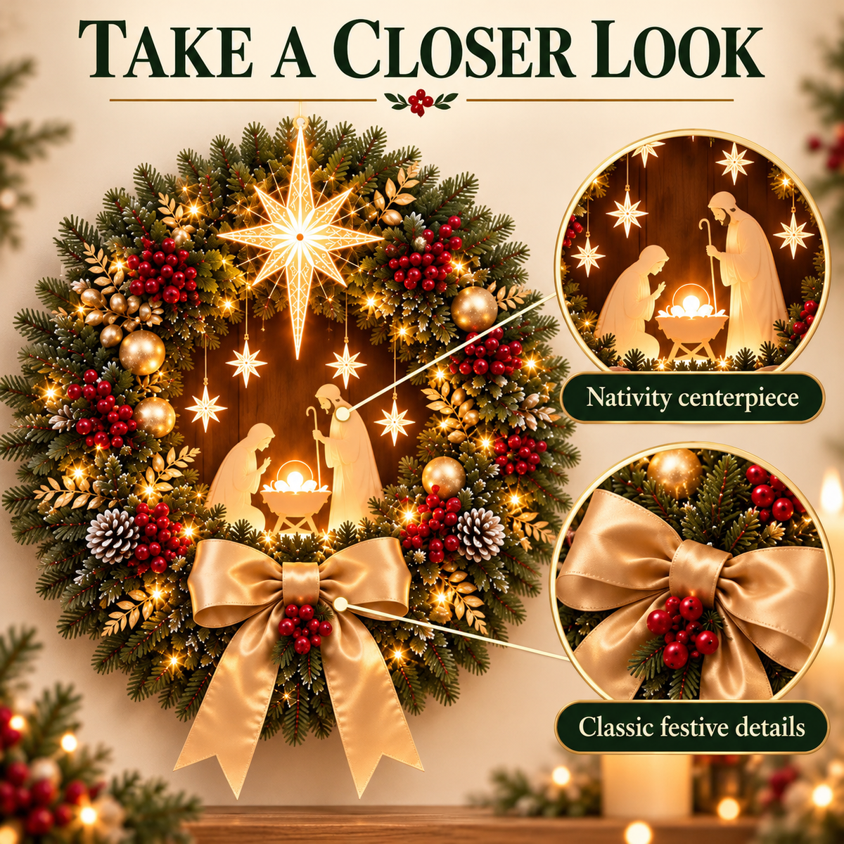 Lighted Nativity Christmas Wreath with Star and Gold Bow