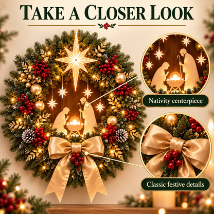Lighted Nativity Christmas Wreath with Star and Gold Bow