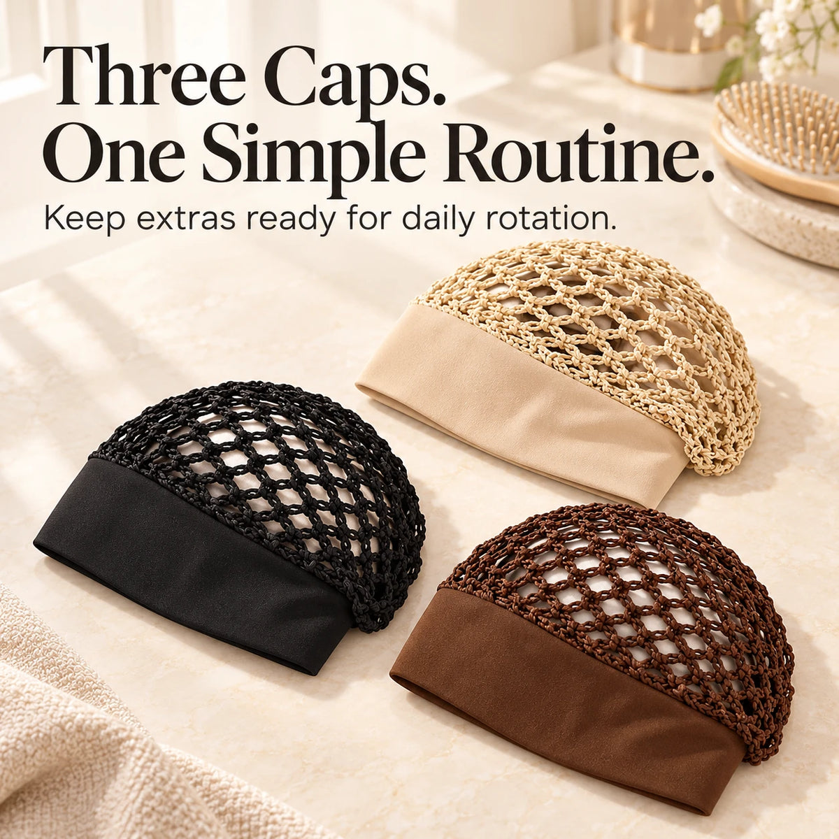 🌙 Sleep Cap 3-Pack — Open-Weave, Wide Band Bedtime Hair Wrap