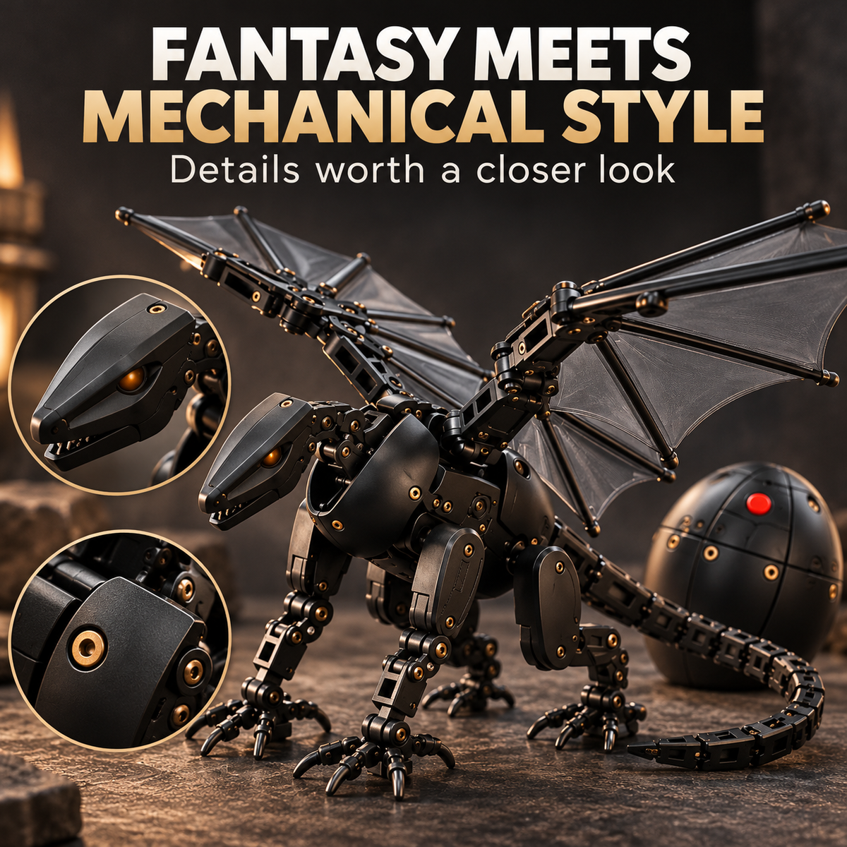 Egg-to-Dragon Transforming Toy – Black & Gold Mechanical Dragon for Play & Display