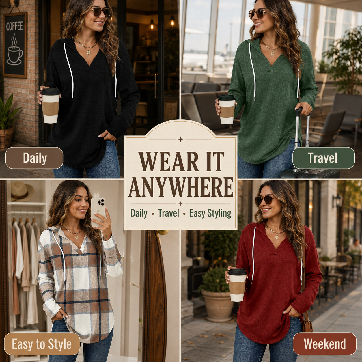 🔥 Top-Selling Classic Plaid V-Neck Hoodie